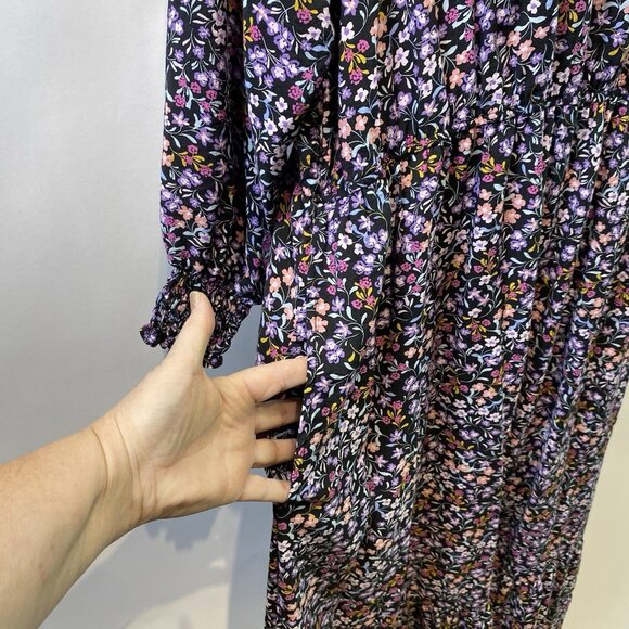 Terra Sky Womens Dress Black Floral Midi Pockets LS Peasant Whimsigoth Boho 2X - Picture 3 of 11